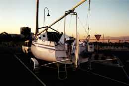 Alka on her trailer with poles still attached. Boat ramp Warmies - West Gate Bridge in background.